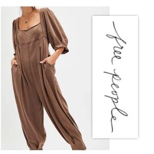 Free People Chocolate Brown Puff Sleeve Jumpsuit